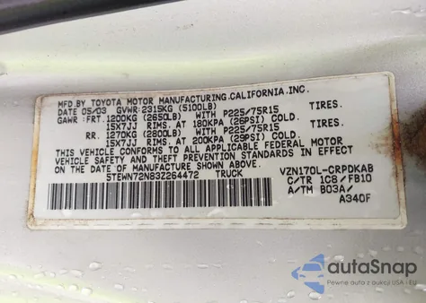 2003 Toyota Tacoma Base V6 z USA, uszkodzony, nr VIN 5TEWN72N83Z264472